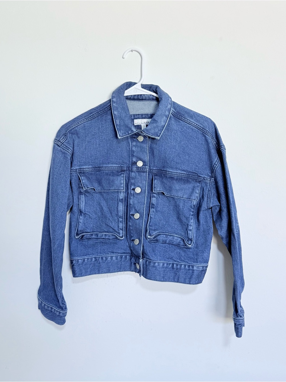 LOFT Cropped Blue Denim Button Jacket with front Pockets - Women